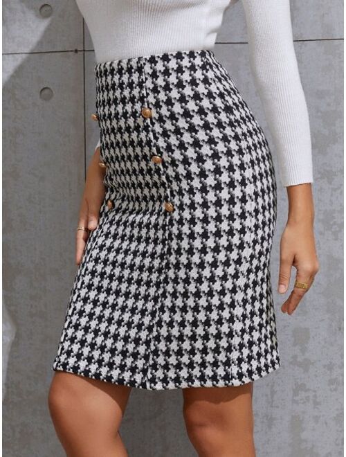 Shein Houndstooth Print Double Breasted Tweed Skirt