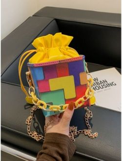 Mini Chain Decor Colorblock Geo Graphic Bucket Bag