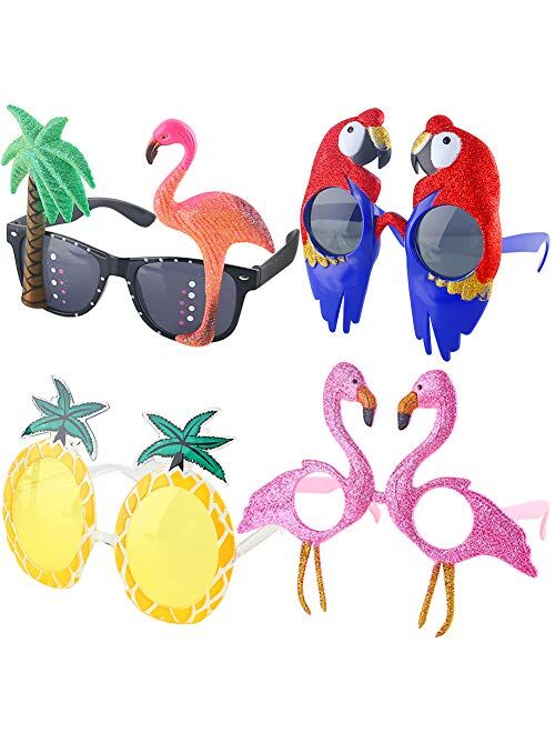 POPLAY 4 Pairs Luau Party Sunglasses,Funny Novelty Party Glasses Hawaiian Tropical Sunglasses Flamingo Coconut Pineapple Macaw Style Beach Photo Booth Props for Party Sup