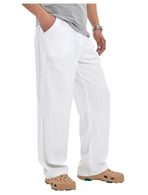 Bonnorth Men's Linen Loose Drawstring Elastic Waist Wide Leg Solid Casual Pants