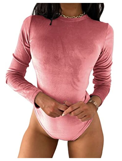 Bonnorth Women's Velvet Bodysuit Scoop Neck Long Sleeve Thong Bodysuit Basic Jumpsuits