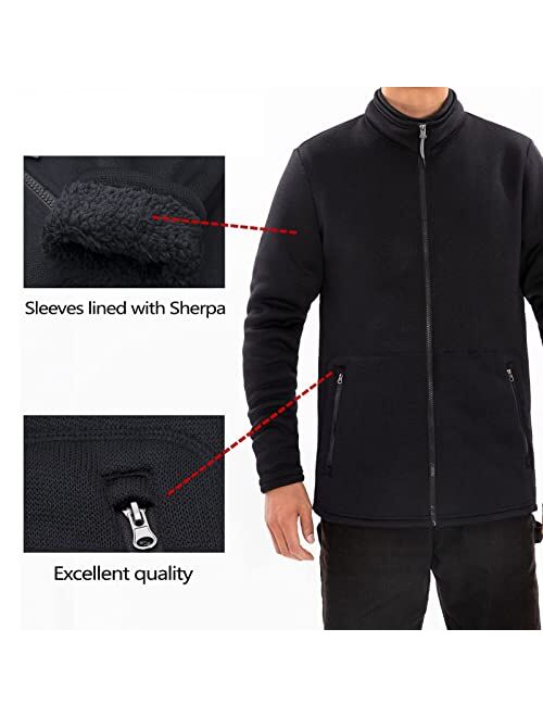 Bonnorth Men's Long Sleeve Sweater Fleece Jacket, Sherpa Lined Full Zip Windproof Outerwear with Zip Pocket