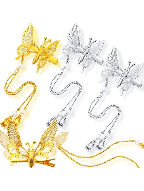 Willbond 4 Pcs Moving Butterfly Hair Clips Elegant Tassel Butterfly Hairpin Antique Side Clip Will Move Butterfly Hairpin 3D Cute Styling Metal Barrettes Headdress Access