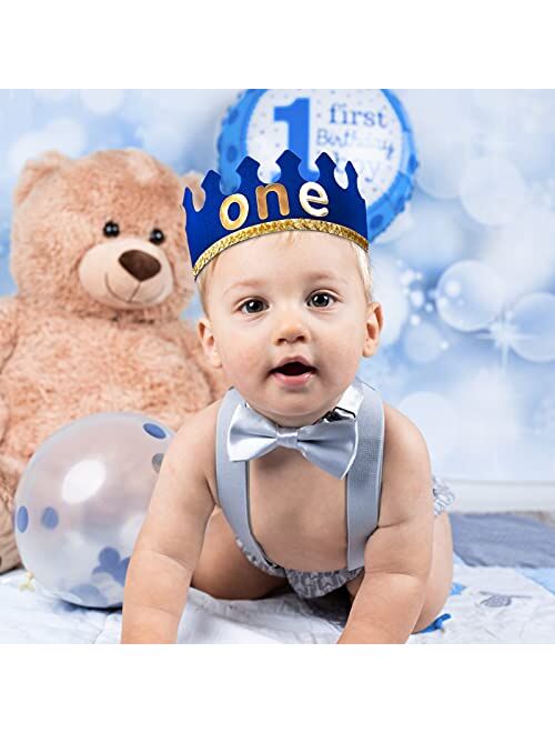 Nuolich Baby Boy First 1st Birthday Cake Smash Outfit Boys One Birthday Crown Bloomers Pants Bow Tie Suspenders Set