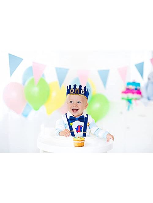 Nuolich Baby Boy First 1st Birthday Cake Smash Outfit Boys One Birthday Crown Bloomers Pants Bow Tie Suspenders Set