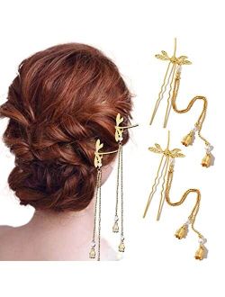 Bartosi Gold Hair Forks Metal U Shape Hairpins Tassel Hair Sticks Bride Wedding Hair Chignon 2 Prong Bun Hair Stick Head Pieces Accessories for Women Girls (Pack of 2)