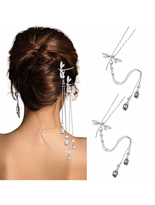 Bartosi Gold Hair Forks Metal U Shape Hairpins Tassel Hair Sticks Bride Wedding Hair Chignon 2 Prong Bun Hair Stick Head Pieces Accessories for Women Girls (Pack of 2)