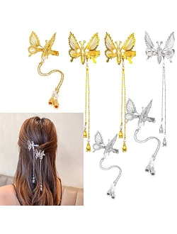 Flymind 6Pcs Moving Butterfly Tassel Hair Clips, Elegant Tassel Butterfly Hairpin Antique Side Clip Will Move Hairpins Decorative Hair Accessories for Women Girls (Gold)