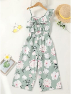 Girls Floral Print Asymmetrical Neck Ruffle Trim Wide Leg Jumpsuit