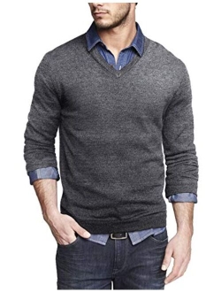 Men Casual V Neck Sweater Ribbed Knit Slim Fit Long Sleeve Pullover Top