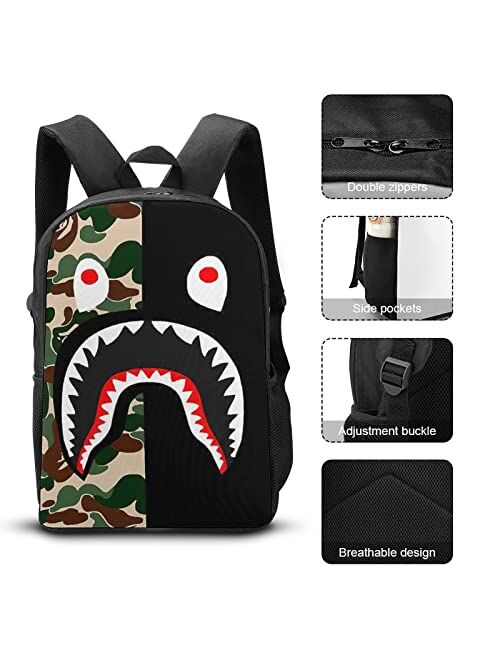 CHENXU Shark Face Camo Backpack,17 inch Schoolbag Business Laptop Backpack Outdoor Travel Bookbag for Boys Girls Teens Men Women (Black 4