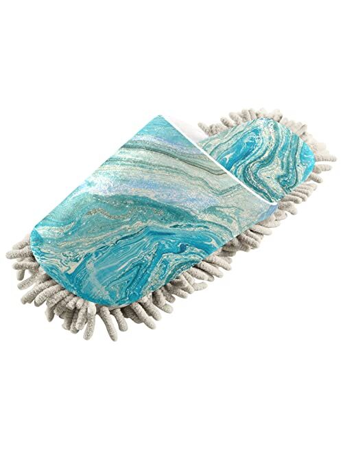 Kigai Microfiber Cleaning Slippers Blue Marbling Washable Mop Shoes Slipper for Men/Women House Floor Dust Cleaner, Size M