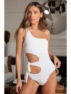 Just Add Water Black Ribbed One-Shoulder Side-Tie Swimsuit