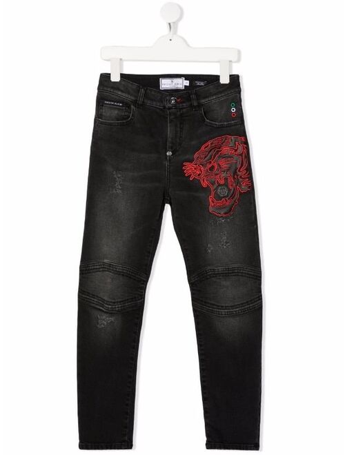 Philipp Plein Junior tiger-embroidered straight leg jeans