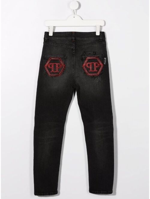 Philipp Plein Junior tiger-embroidered straight leg jeans