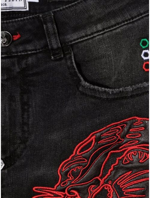 Philipp Plein Junior tiger-embroidered straight leg jeans