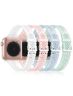 [Bandiction 4 Pack] Lace Silicone Bands Compatible with Apple Watch Band 38mm 40mm 42mm 44mm,Women Slim Thin Hollow-out iWatch Sport Wristband with Classic Clasp for iWat