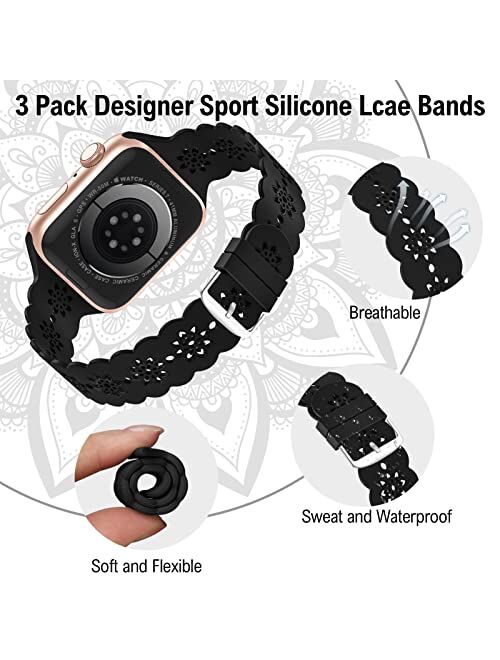 iWabcertoo Lace Silicone Bands Compatible with Apple Watch Band 38mm 40mm 41mm 42mm 44mm 45mm for Women Men, 3 Pack Soft Floral Hollow-out Sport Waterproof Strap for iWat