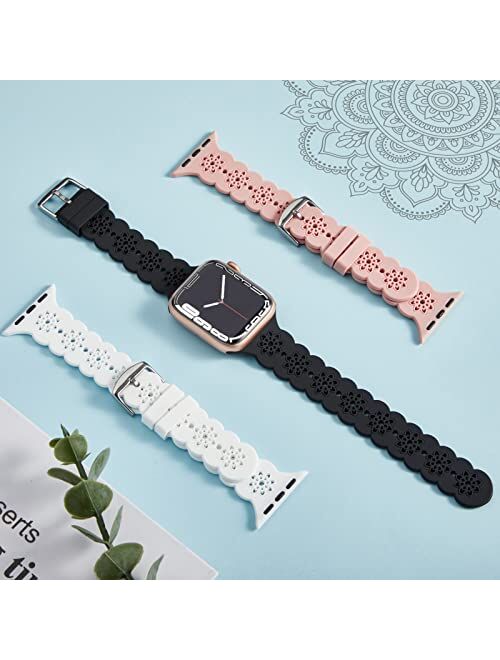 iWabcertoo Lace Silicone Bands Compatible with Apple Watch Band 38mm 40mm 41mm 42mm 44mm 45mm for Women Men, 3 Pack Soft Floral Hollow-out Sport Waterproof Strap for iWat