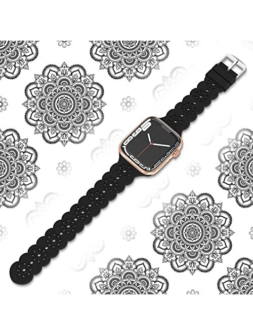 Wewatri Floral Silicone Band Compatible with Apple Watch Bands 38mm 40mm 42mm 44mm 41mm 45mm Women Men, Slim Hollow-Out Design Wristbands Soft Sport Breathable Watch Band