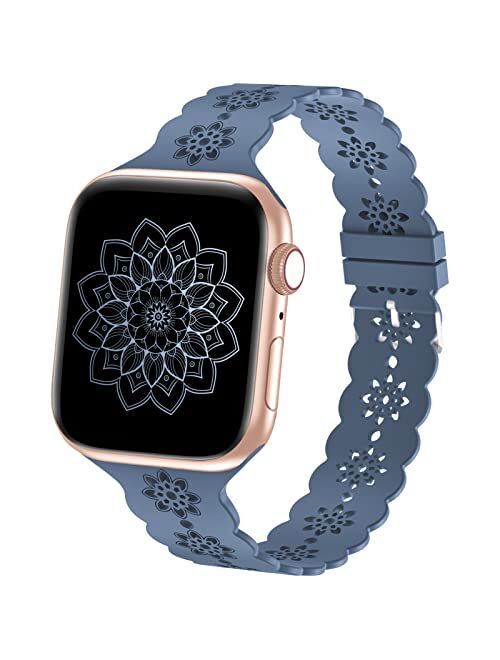 Wewatri Floral Silicone Band Compatible with Apple Watch Bands 38mm 40mm 42mm 44mm 41mm 45mm Women Men, Slim Hollow-Out Design Wristbands Soft Sport Breathable Watch Band