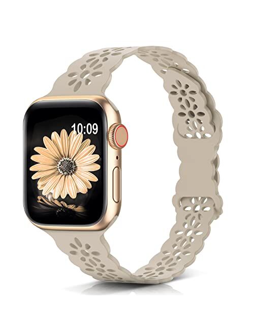 WANLISS Lace Silicone Band Compatible with Apple Watch Band 38mm 40mm 41mm 42mm 44mm 45mm,Slim Thin Hollow-Out Soft Sport Wristband Strap Replacement Women Men for iWatch