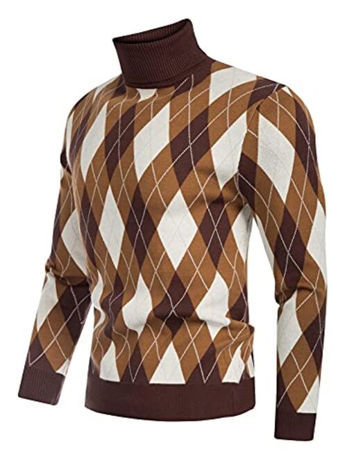 PJ PAUL JONES Men's Argyle Turtlenecks Sweater Vintage Thermal Knitted Pullover