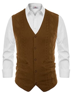 Mens Cable Knit Sweater Vest Button Down V Neck Slim Fit Sweater Vests Knitwear