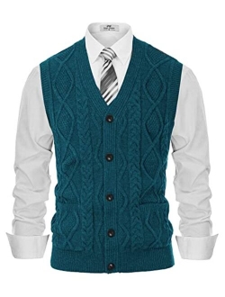 Mens Cable Knit Sweater Vest Button Down V Neck Slim Fit Sweater Vests Knitwear