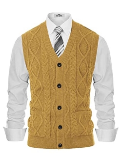 Mens Cable Knit Sweater Vest Button Down V Neck Slim Fit Sweater Vests Knitwear