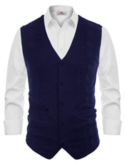 Mens Cable Knit Sweater Vest Button Down V Neck Slim Fit Sweater Vests Knitwear