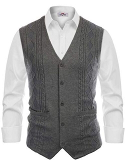 Mens Cable Knit Sweater Vest Button Down V Neck Slim Fit Sweater Vests Knitwear