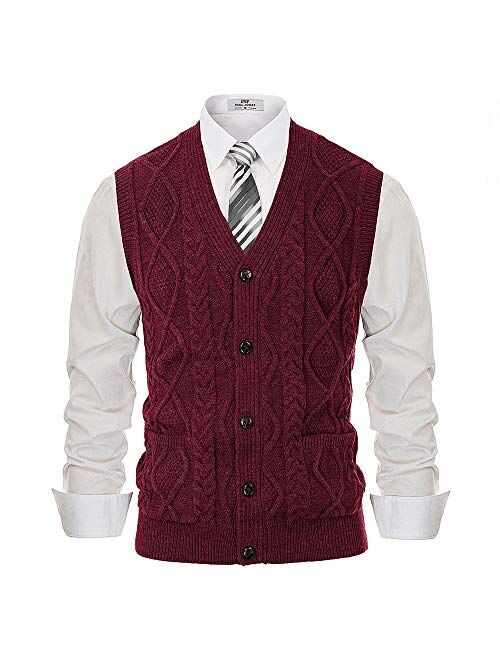 PJ PAUL JONES Mens Cable Knit Sweater Vest Button Down V Neck Slim Fit Sweater Vests Knitwear