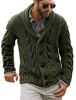 Gafeng Mens Shawl Collar Cable Rib Knitted Button Closure Casual Winter Chunky Thermal Long Sleeve Solid Cardigan Sweater