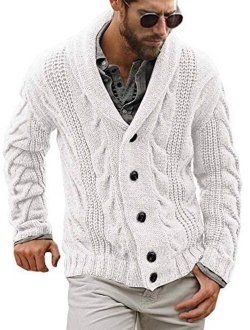 Gafeng Mens Shawl Collar Cable Rib Knitted Button Closure Casual Winter Chunky Thermal Long Sleeve Solid Cardigan Sweater