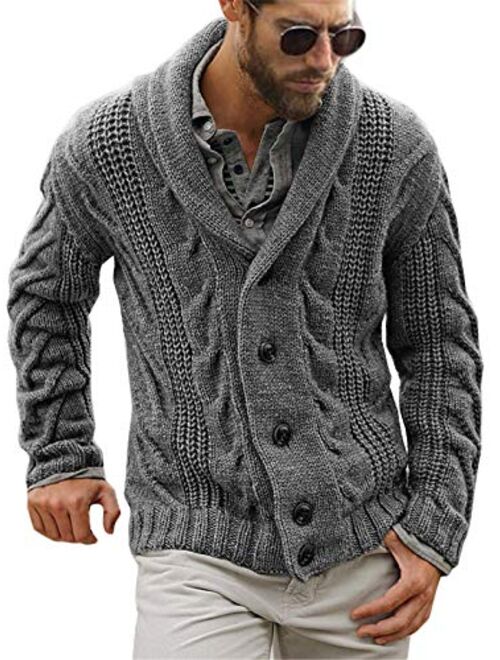 Gafeng Mens Shawl Collar Cable Rib Knitted Button Closure Casual Winter Chunky Thermal Long Sleeve Solid Cardigan Sweater