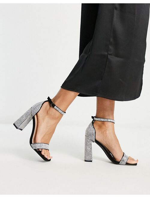 Glamorous embellished heel strap detail sandals in black and silver