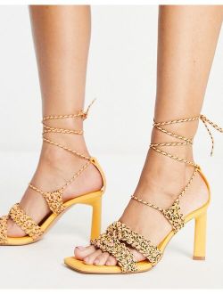 strappy tie leg heeled sandals in orange