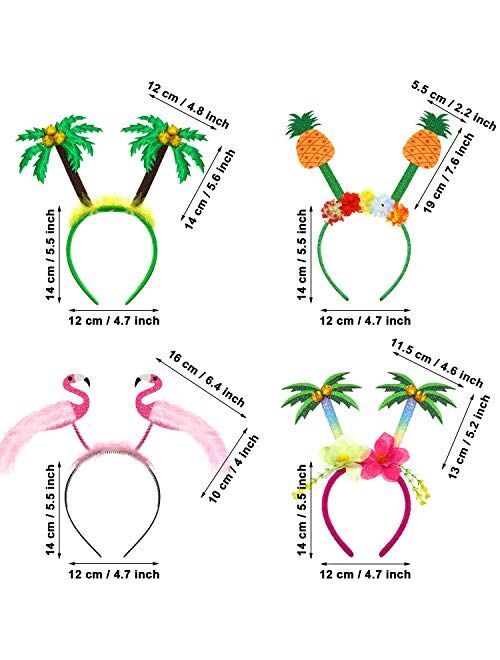 Jovitec 4 Pieces Hawaiian Party Head Boppers Set includes Palm Tree Head Bopper, Flamingo Party Glitter Head Bopper, Pineapple Party Head Bopper