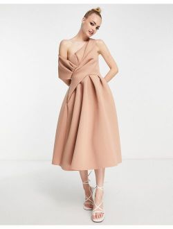 bare shoulder midi prom dress in camel