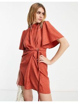 high neck linen drape mini dress with belt detail in rust