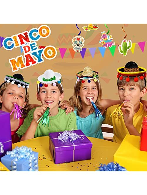 Camlinbo 4 Pack Mexican Fiesta Sombrero Hat Headbands Fabric Straw Sombrero Party Hat Costume Accessories for Taco Tuesday Mexican Fiesta Party Favor Supplies Luau Dia De