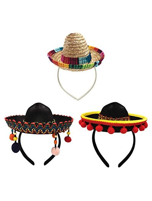 GuassLee 3 Pack Sombrero Hats Mini Mexican Party Hat with Headband for Kids Boys Girls Adults Fiesta Mexican Birthday Cinco de Mayo Party Decorations