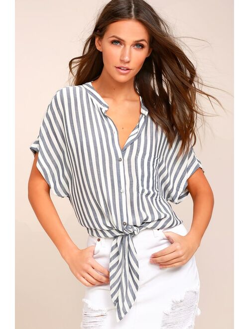 Lulus Newport Beach Grey and White Striped Top