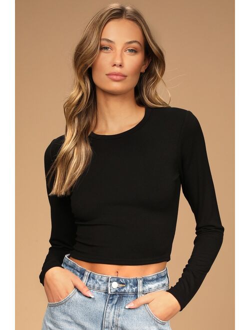 Lulus Begin with the Basics Black Long Sleeve Crop Top