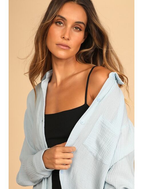 Lulus Easy To See Light Blue Oversized Button-Up Top