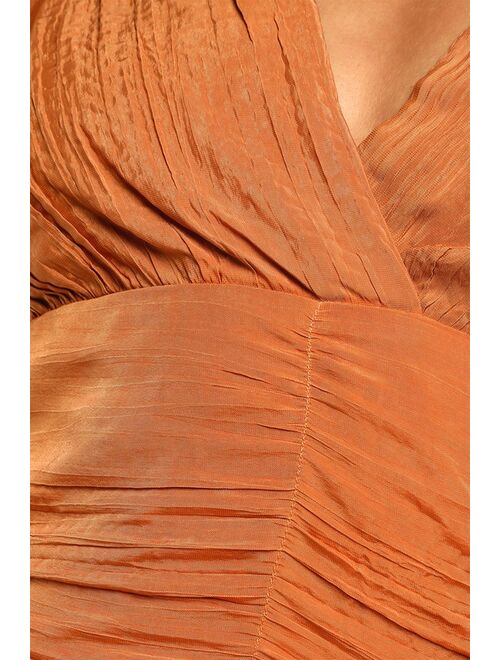 Lulus Bring the Pleat Rust Brown Pleated Long Sleeve Top