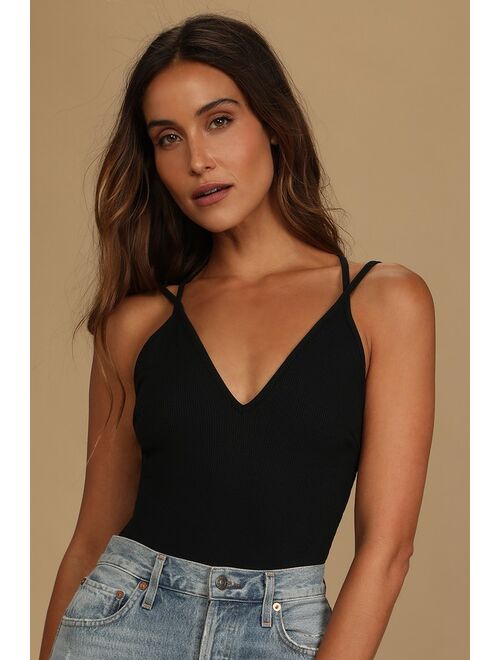 Lulus Point of View Black Ribbed Sleeveless Bodysuit