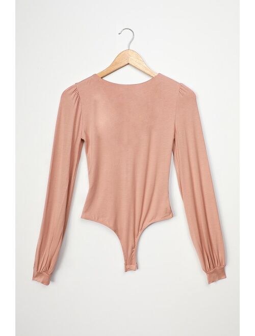 Lulus Basics Kaylene Blush V-Neck Balloon Sleeve Bodysuit