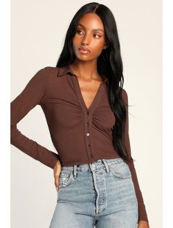 Keep Things Casual Brown Ribbed Ruched Button-Up Collared Top